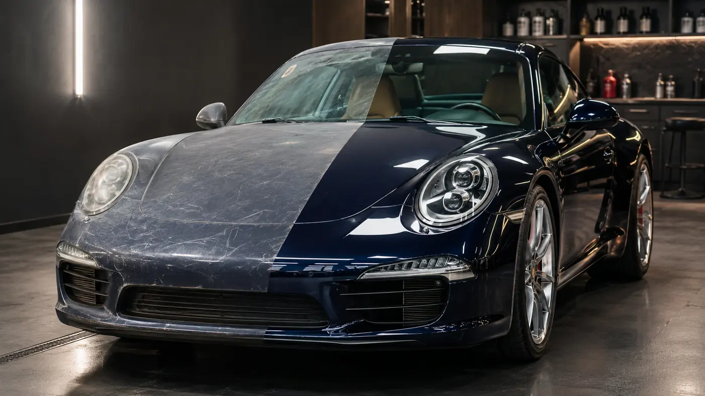Luxury car with faded finish compared with restored glossy paint