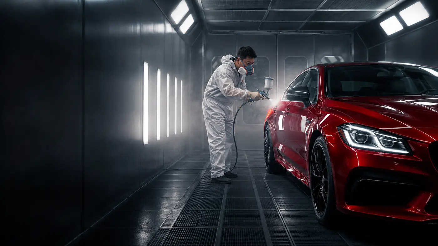 Professional automotive spray painter working on a glossy red vehicle in a spray booth