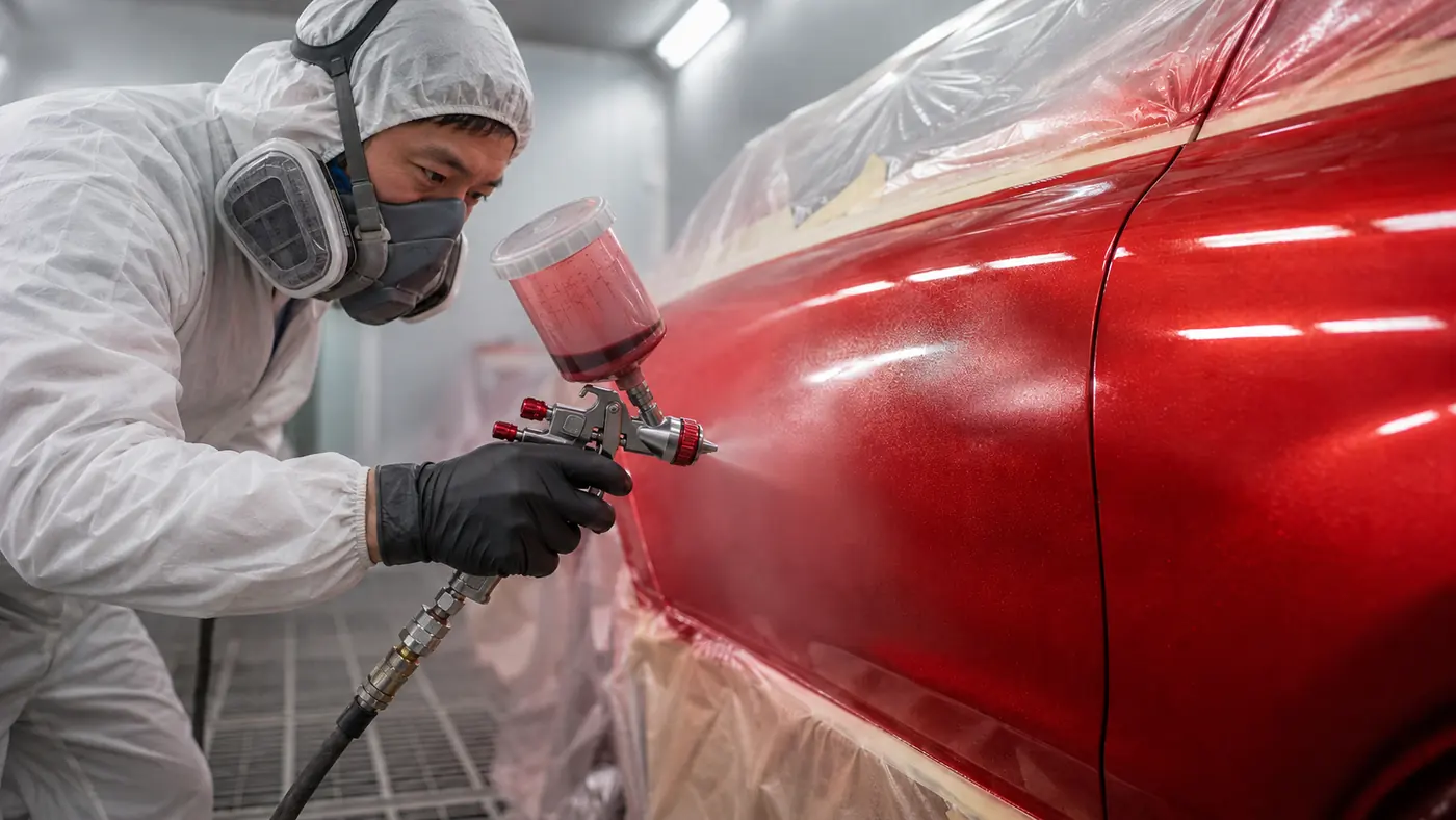 Automotive painter applying red metallic paint in a professional booth